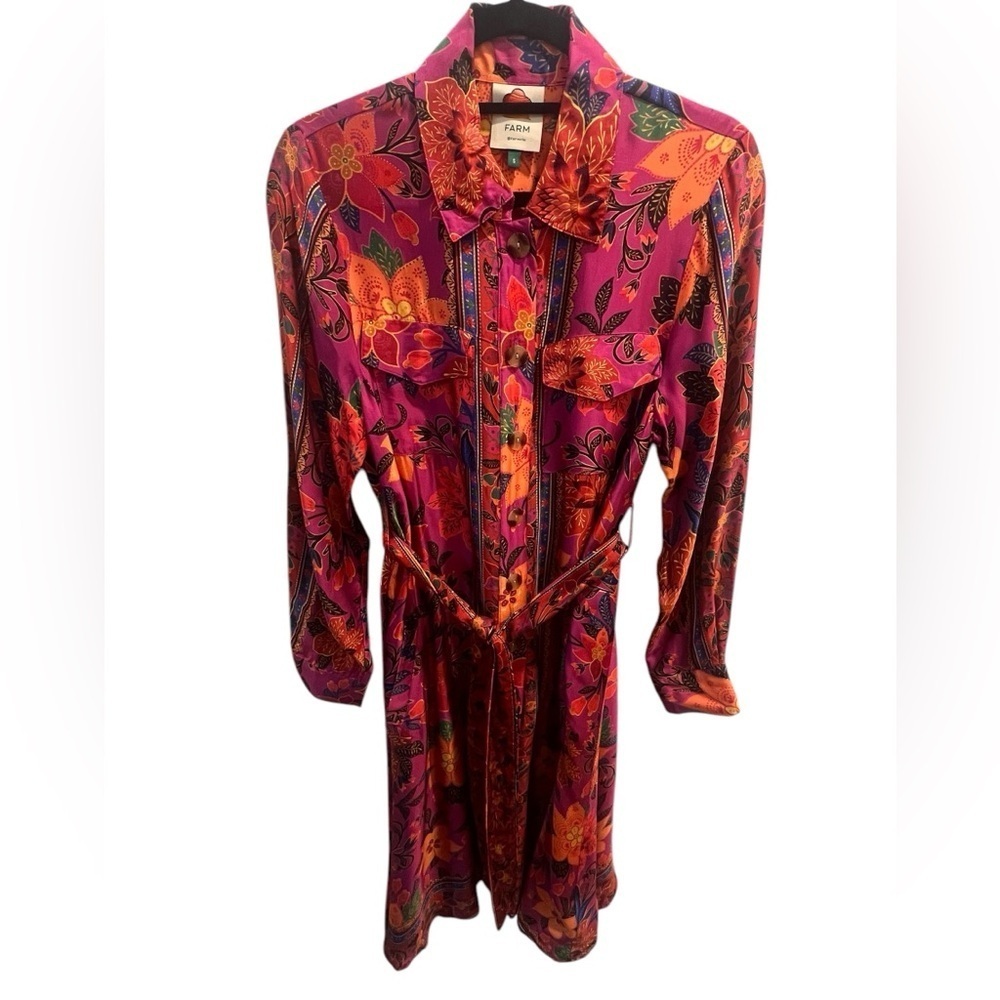 {FARM Rio Floral Pink Tropical Print Midi Shirt Dress Tapestry Size Small} - Picture 2 of 13